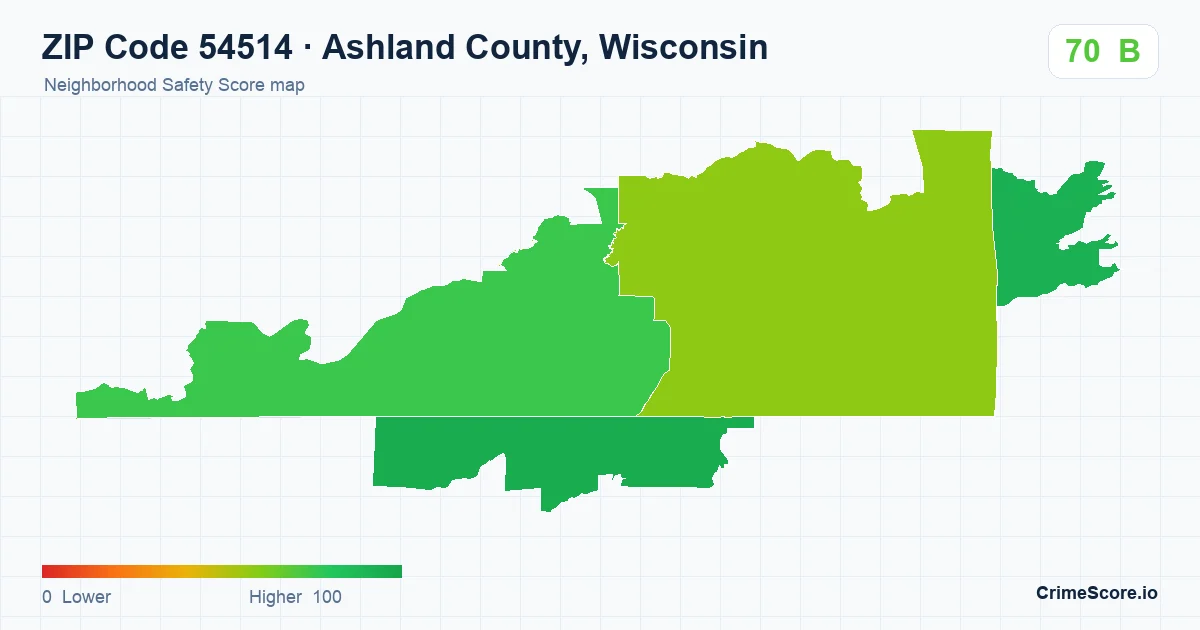 ZIP Code 54514 in Ashland County, Wisconsin neighborhood Safety Score map