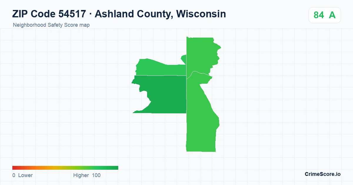 ZIP Code 54517 in Ashland County, Wisconsin neighborhood Safety Score map
