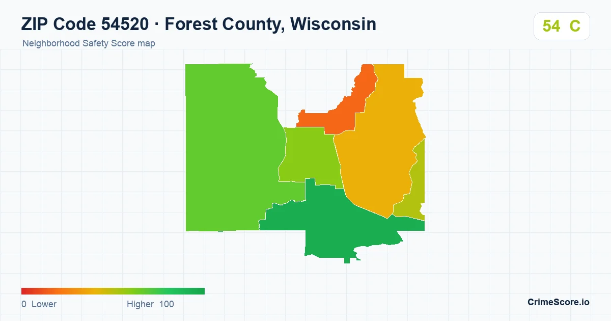ZIP Code 54520 in Forest County, Wisconsin neighborhood Safety Score map