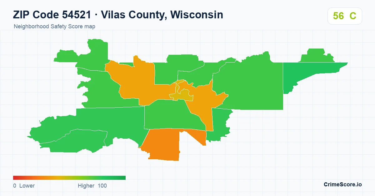 ZIP Code 54521 in Vilas County, Wisconsin neighborhood Safety Score map