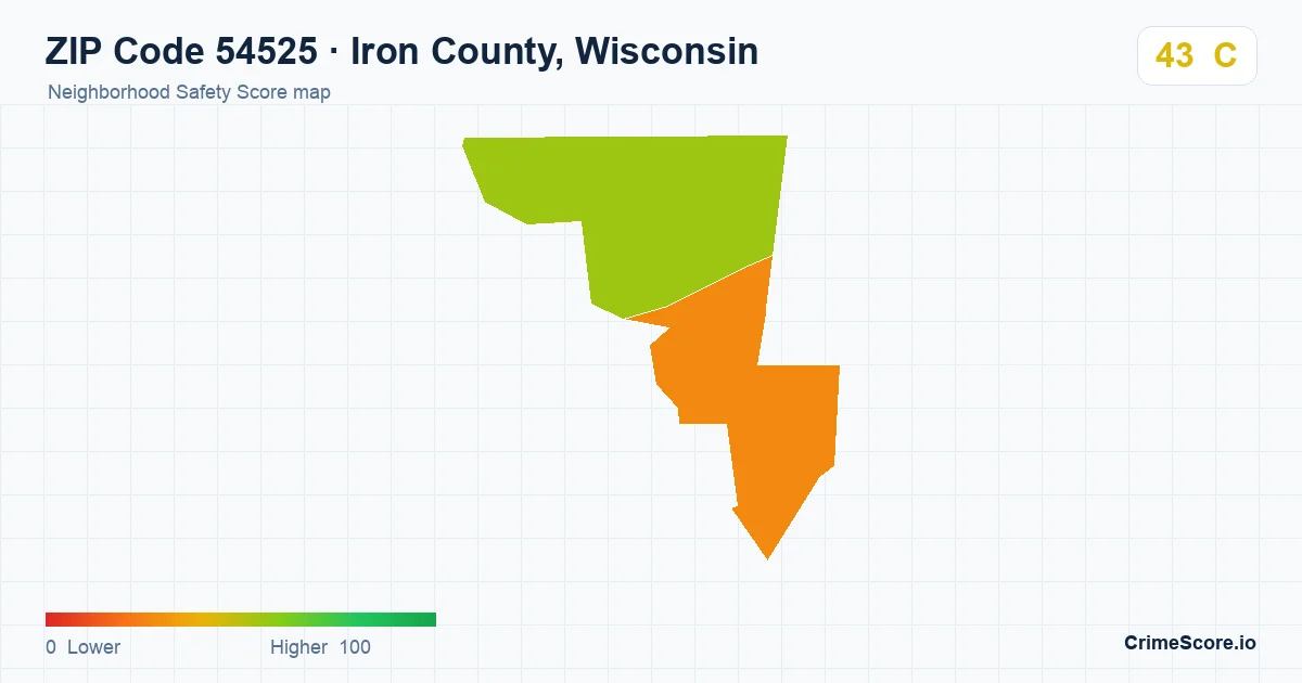 ZIP Code 54525 in Iron County, Wisconsin neighborhood Safety Score map