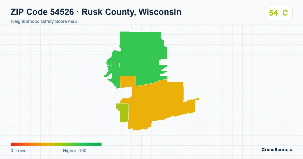 ZIP Code 54526 in Rusk County, Wisconsin neighborhood Safety Score map