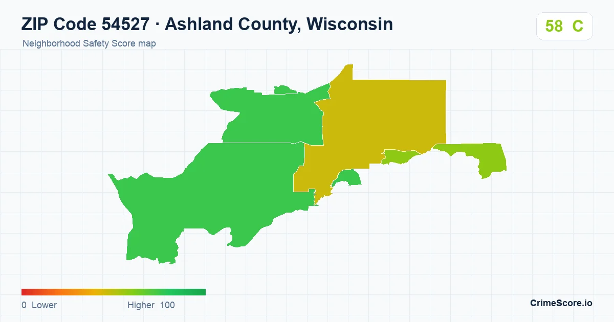 ZIP Code 54527 in Ashland County, Wisconsin neighborhood Safety Score map