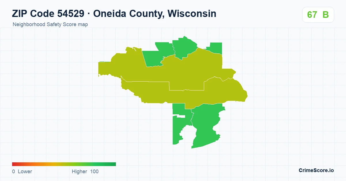 ZIP Code 54529 in Oneida County, Wisconsin neighborhood Safety Score map