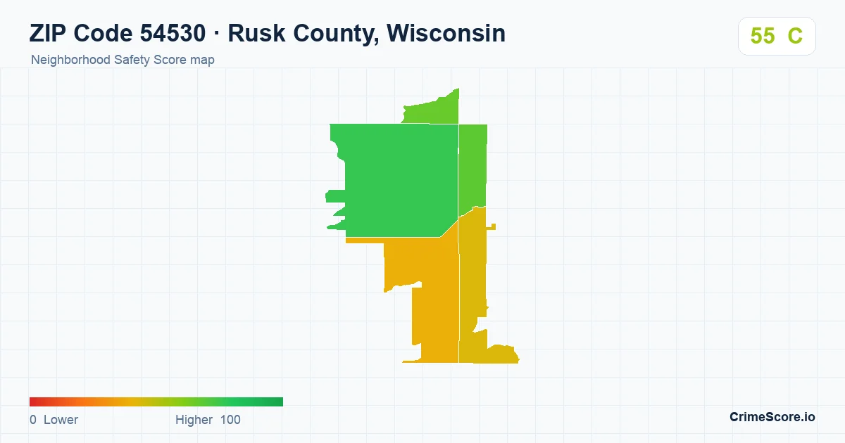ZIP Code 54530 in Rusk County, Wisconsin neighborhood Safety Score map