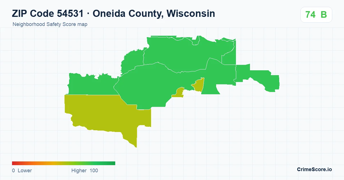 ZIP Code 54531 in Oneida County, Wisconsin neighborhood Safety Score map