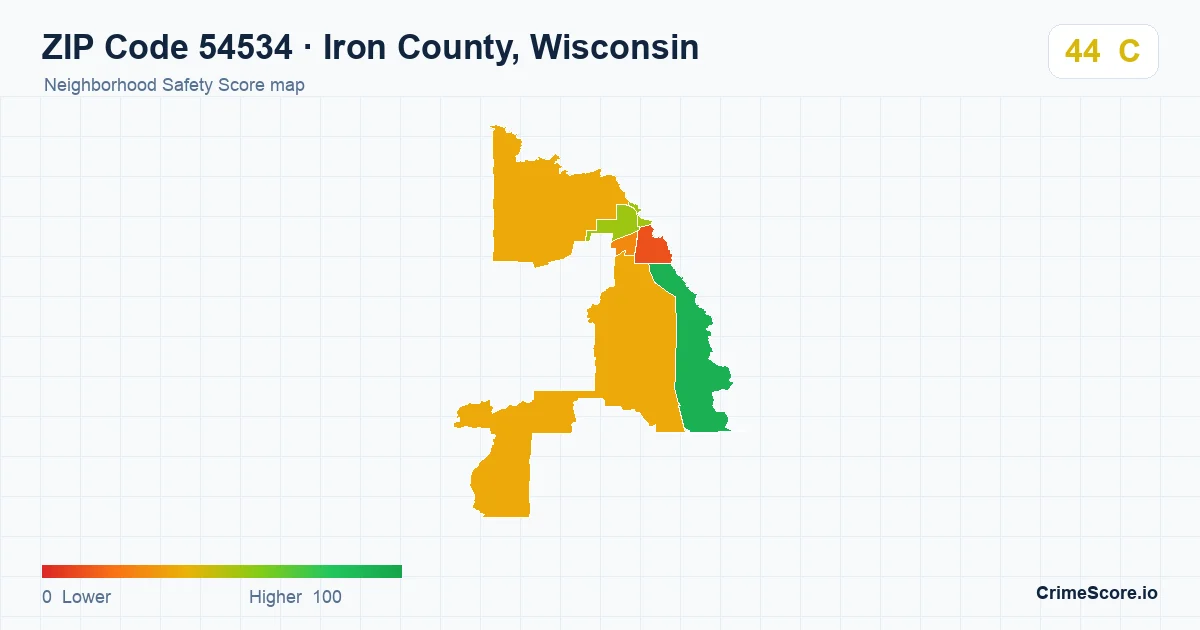 ZIP Code 54534 in Iron County, Wisconsin neighborhood Safety Score map