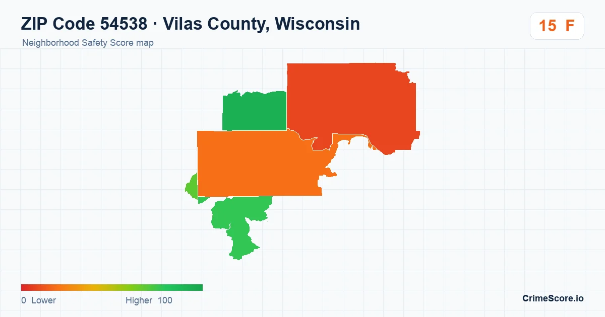 ZIP Code 54538 in Vilas County, Wisconsin neighborhood Safety Score map