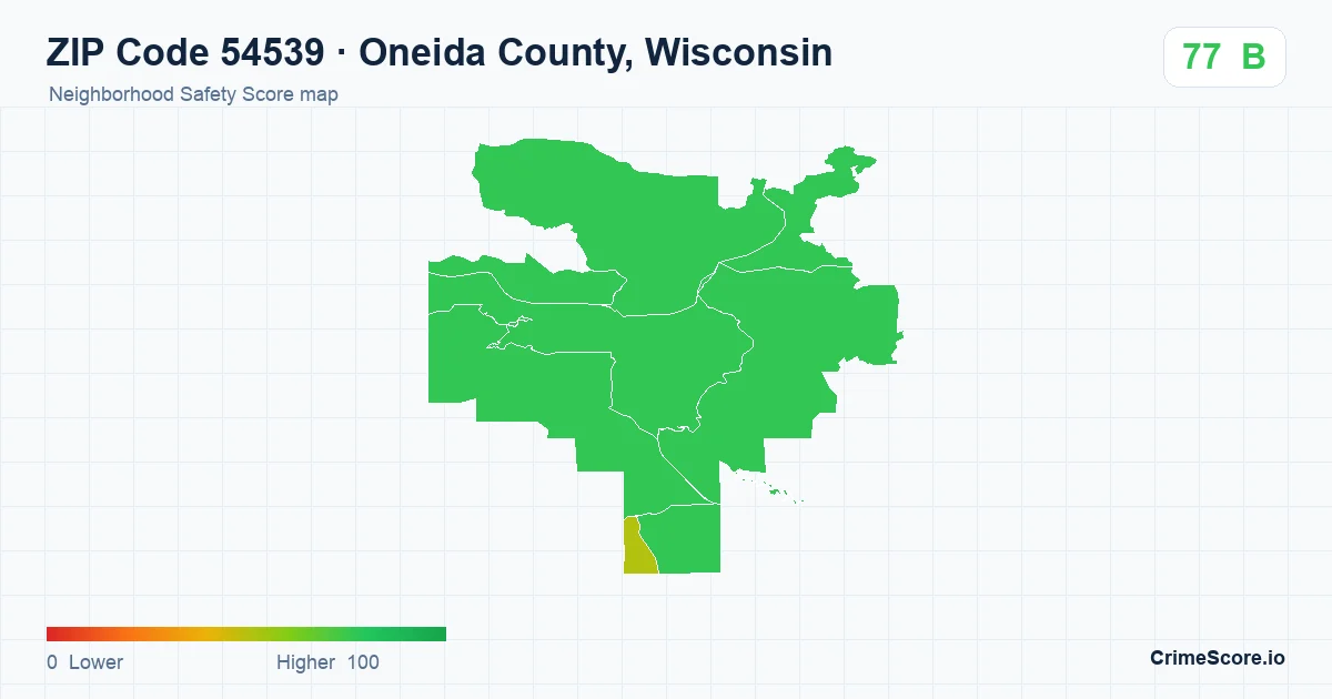 ZIP Code 54539 in Oneida County, Wisconsin neighborhood Safety Score map