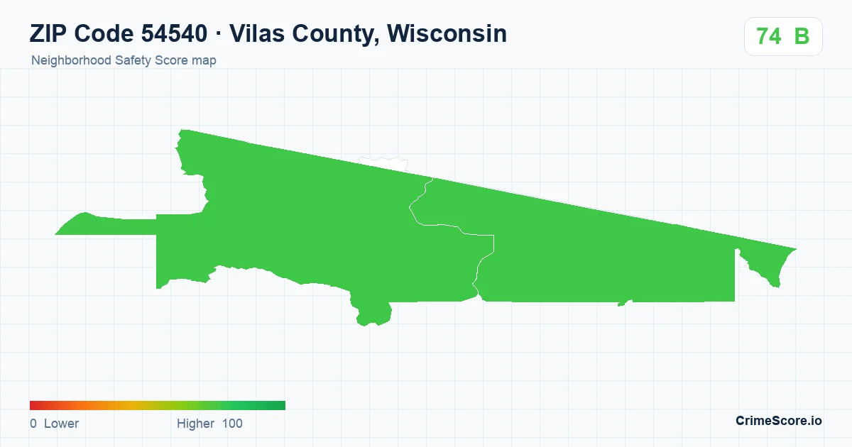 ZIP Code 54540 in Vilas County, Wisconsin neighborhood Safety Score map