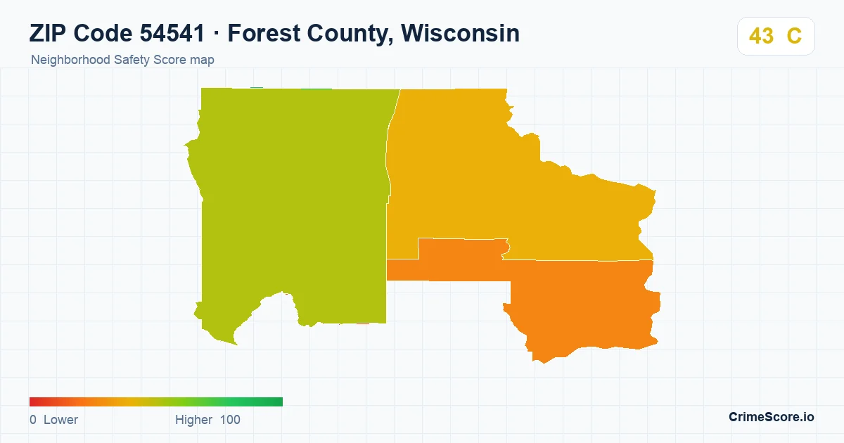 ZIP Code 54541 in Forest County, Wisconsin neighborhood Safety Score map