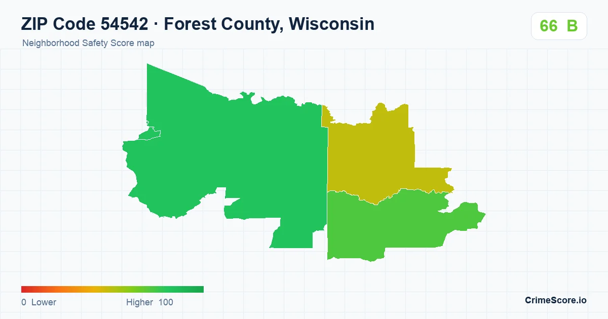 ZIP Code 54542 in Forest County, Wisconsin neighborhood Safety Score map