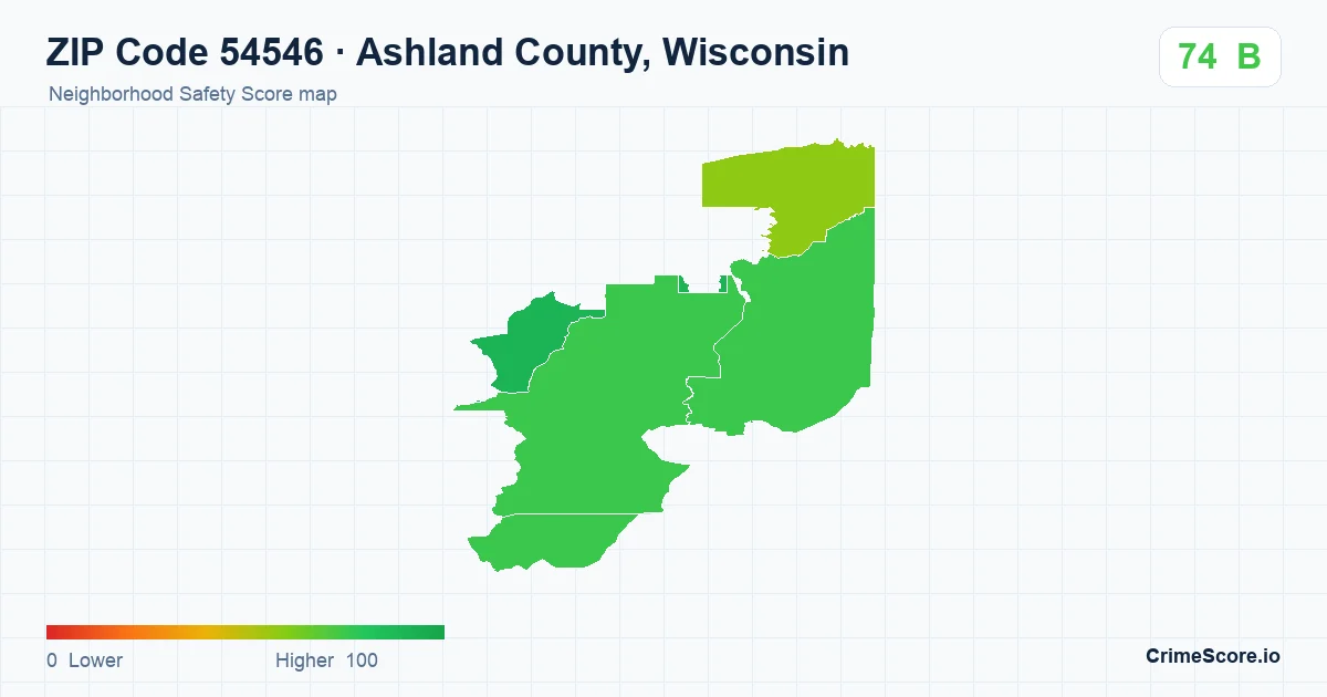 ZIP Code 54546 in Ashland County, Wisconsin neighborhood Safety Score map