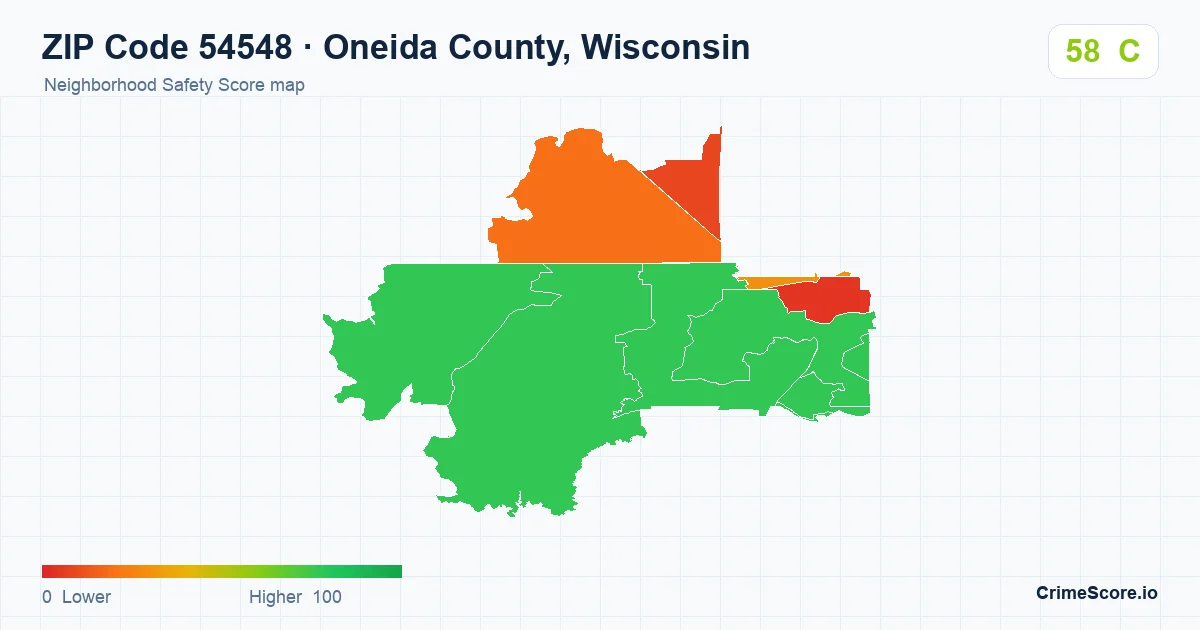ZIP Code 54548 in Oneida County, Wisconsin neighborhood Safety Score map