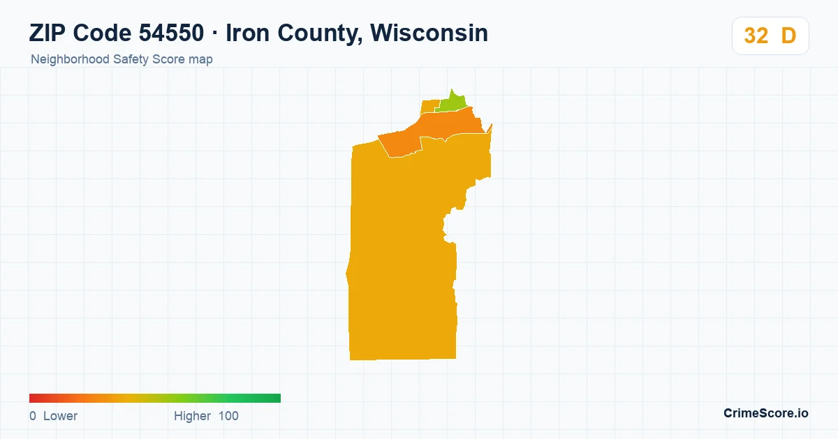 ZIP Code 54550 in Iron County, Wisconsin neighborhood Safety Score map