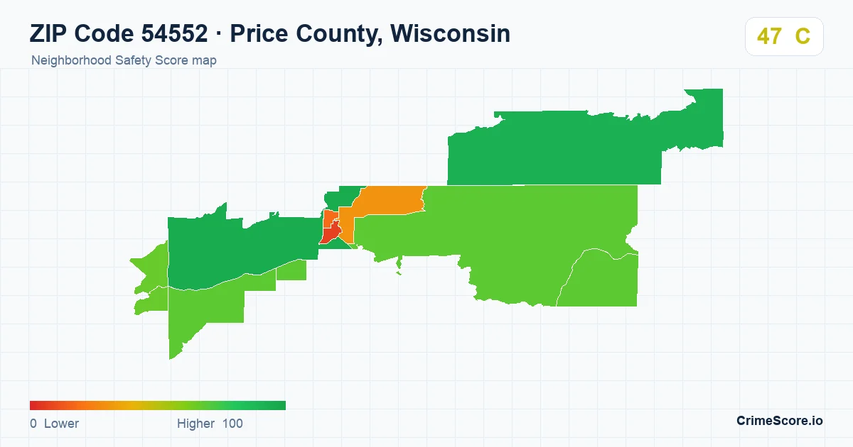 ZIP Code 54552 in Price County, Wisconsin neighborhood Safety Score map