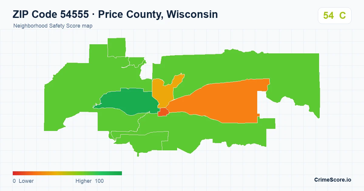 ZIP Code 54555 in Price County, Wisconsin neighborhood Safety Score map