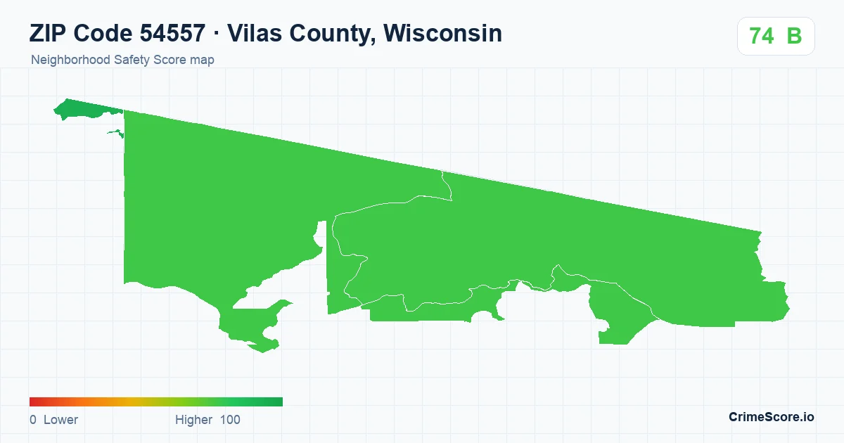 ZIP Code 54557 in Vilas County, Wisconsin neighborhood Safety Score map