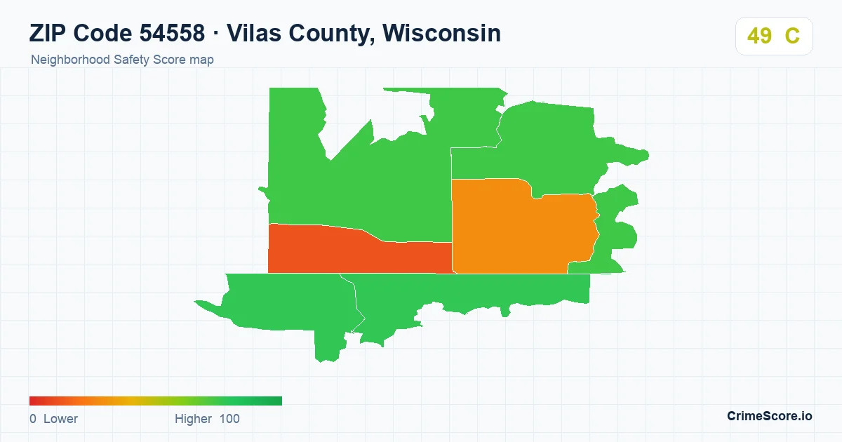 ZIP Code 54558 in Vilas County, Wisconsin neighborhood Safety Score map
