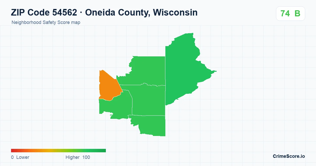 ZIP Code 54562 in Oneida County, Wisconsin neighborhood Safety Score map