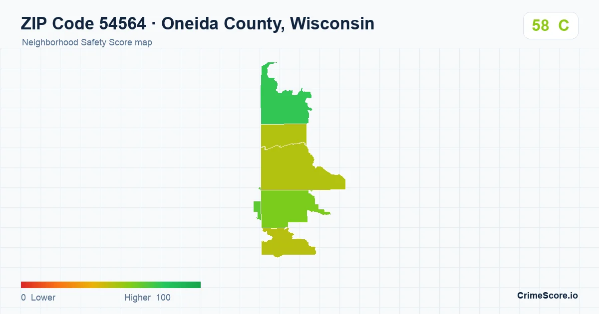 ZIP Code 54564 in Oneida County, Wisconsin neighborhood Safety Score map
