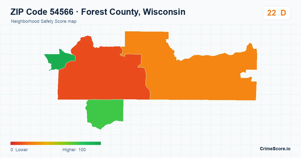 ZIP Code 54566 in Forest County, Wisconsin neighborhood Safety Score map