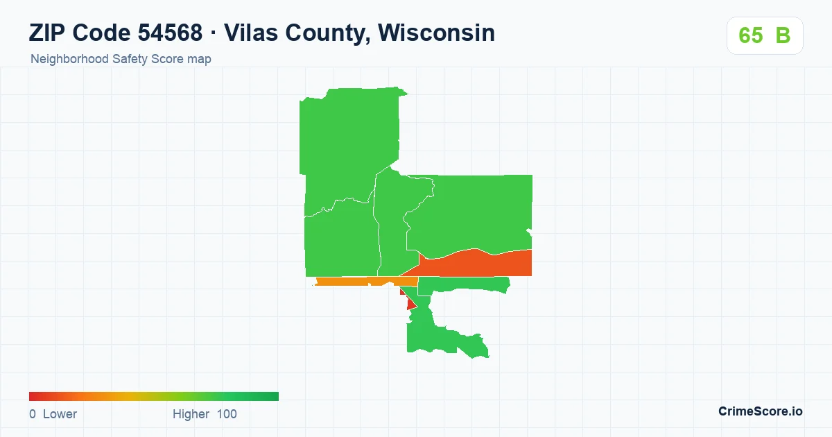 ZIP Code 54568 in Vilas County, Wisconsin neighborhood Safety Score map