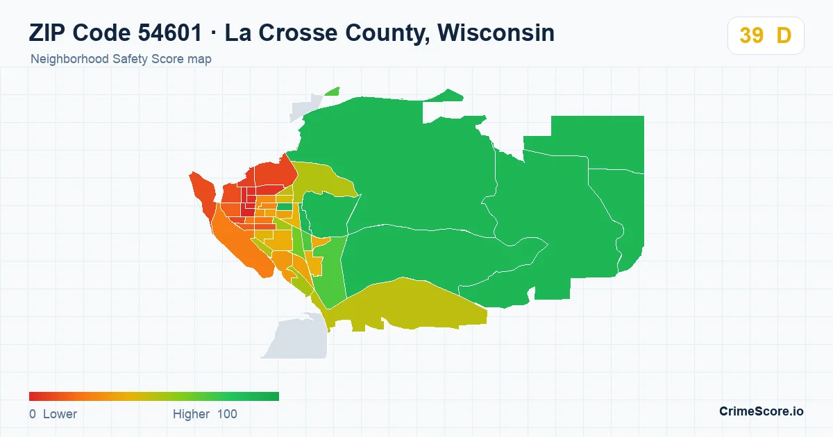 ZIP Code 54601 in La Crosse County, Wisconsin neighborhood Safety Score map