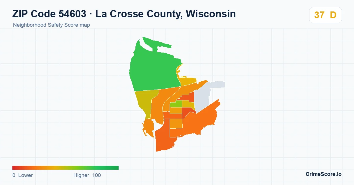 ZIP Code 54603 in La Crosse County, Wisconsin neighborhood Safety Score map