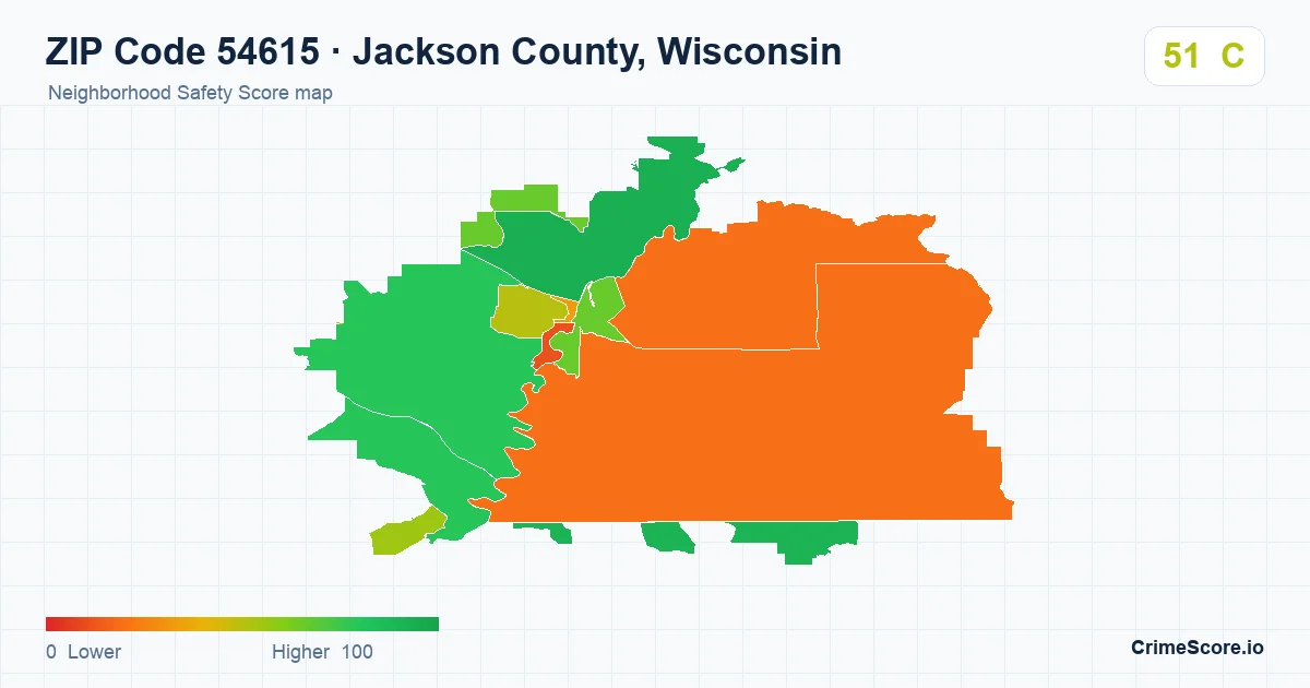 ZIP Code 54615 in Jackson County, Wisconsin neighborhood Safety Score map
