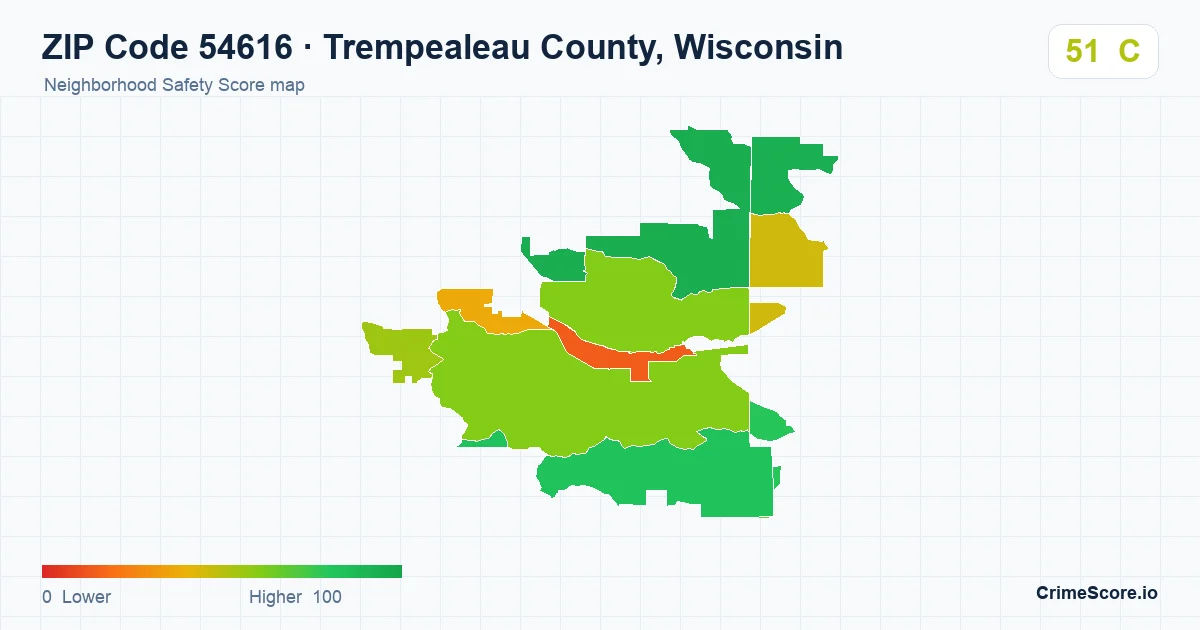ZIP Code 54616 in Trempealeau County, Wisconsin neighborhood Safety Score map
