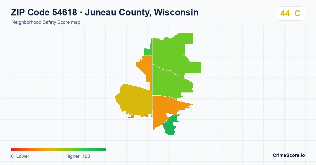 ZIP Code 54618 in Juneau County, Wisconsin neighborhood Safety Score map