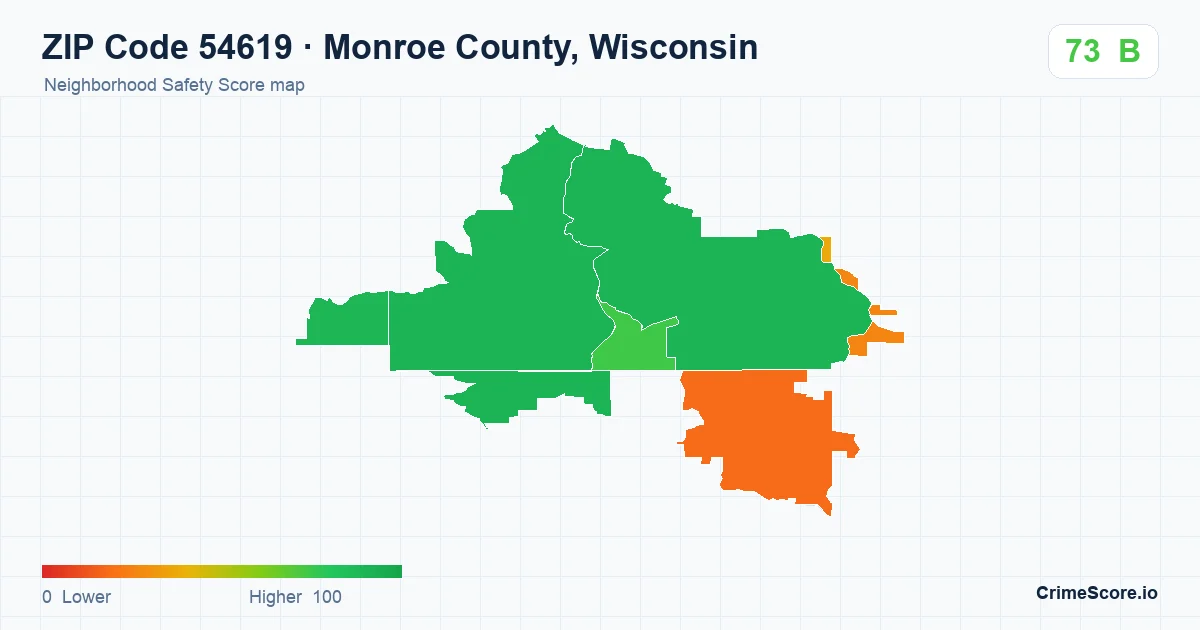 ZIP Code 54619 in Monroe County, Wisconsin neighborhood Safety Score map