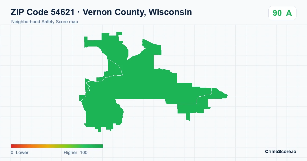 ZIP Code 54621 in Vernon County, Wisconsin neighborhood Safety Score map