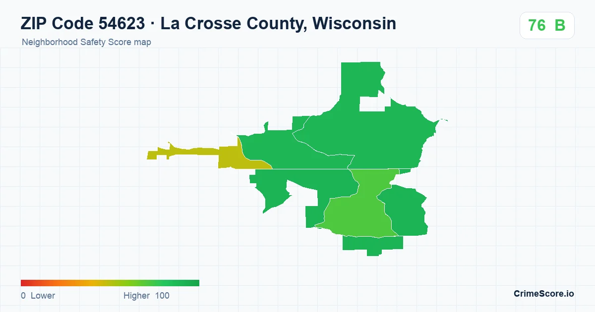 ZIP Code 54623 in La Crosse County, Wisconsin neighborhood Safety Score map