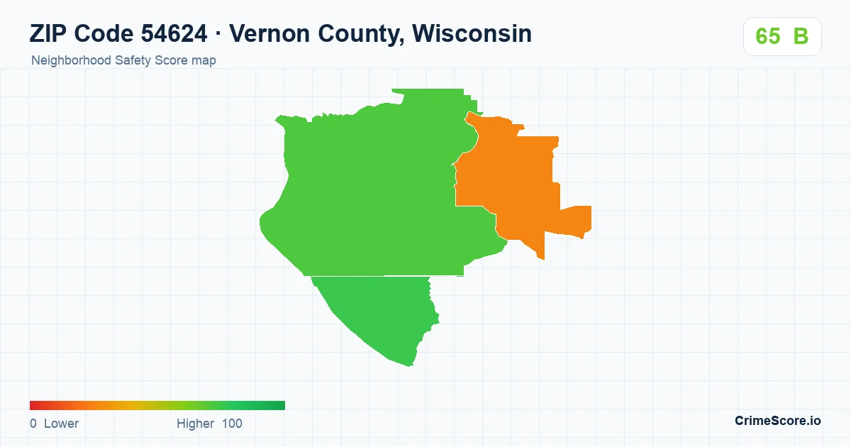 ZIP Code 54624 in Vernon County, Wisconsin neighborhood Safety Score map