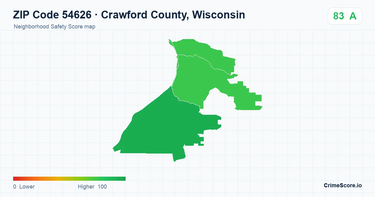 ZIP Code 54626 in Crawford County, Wisconsin neighborhood Safety Score map