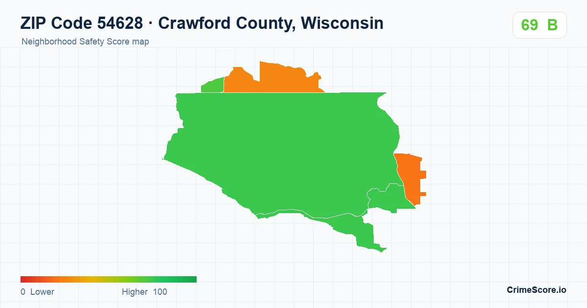 ZIP Code 54628 in Crawford County, Wisconsin neighborhood Safety Score map