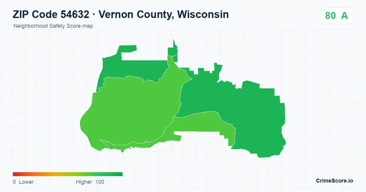 ZIP Code 54632 in Vernon County, Wisconsin neighborhood Safety Score map