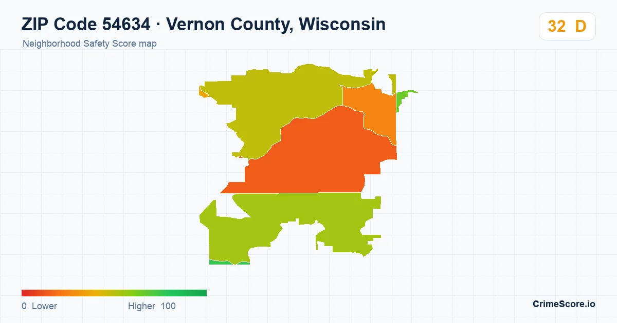 ZIP Code 54634 in Vernon County, Wisconsin neighborhood Safety Score map