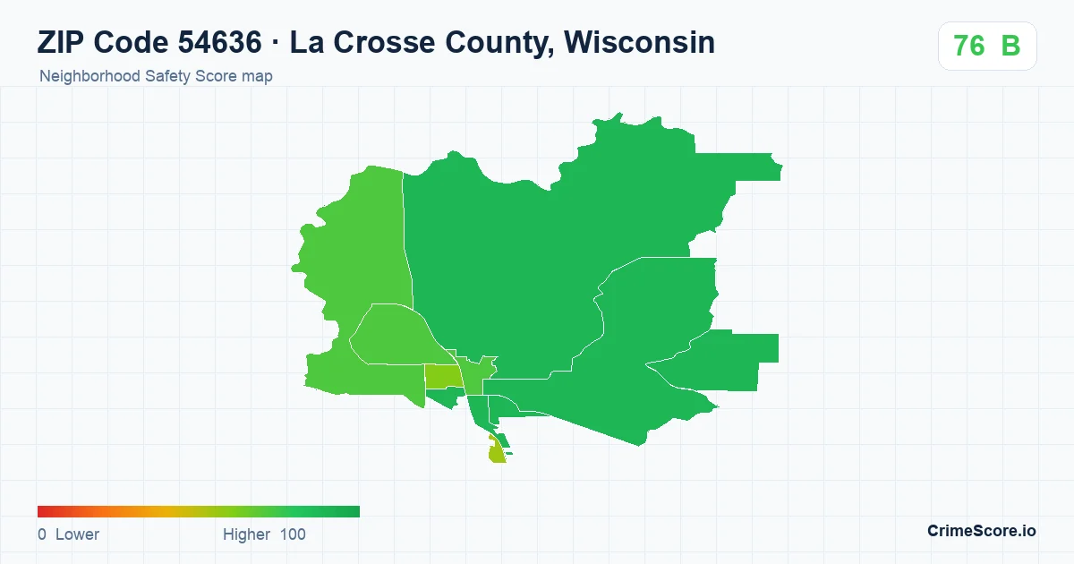 ZIP Code 54636 in La Crosse County, Wisconsin neighborhood Safety Score map
