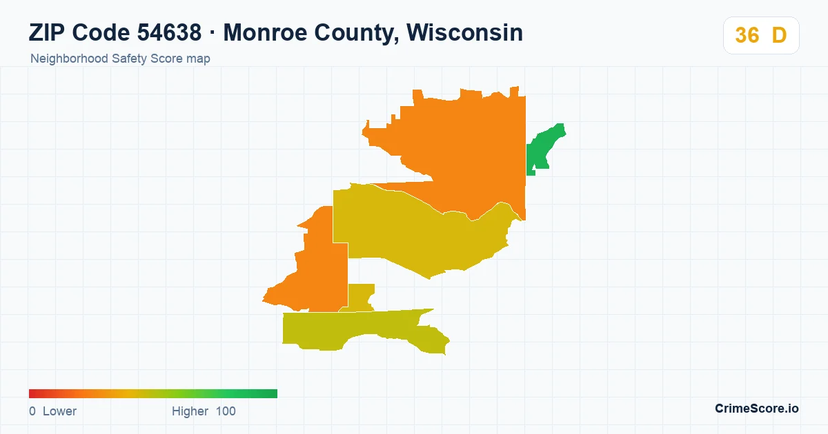 ZIP Code 54638 in Monroe County, Wisconsin neighborhood Safety Score map