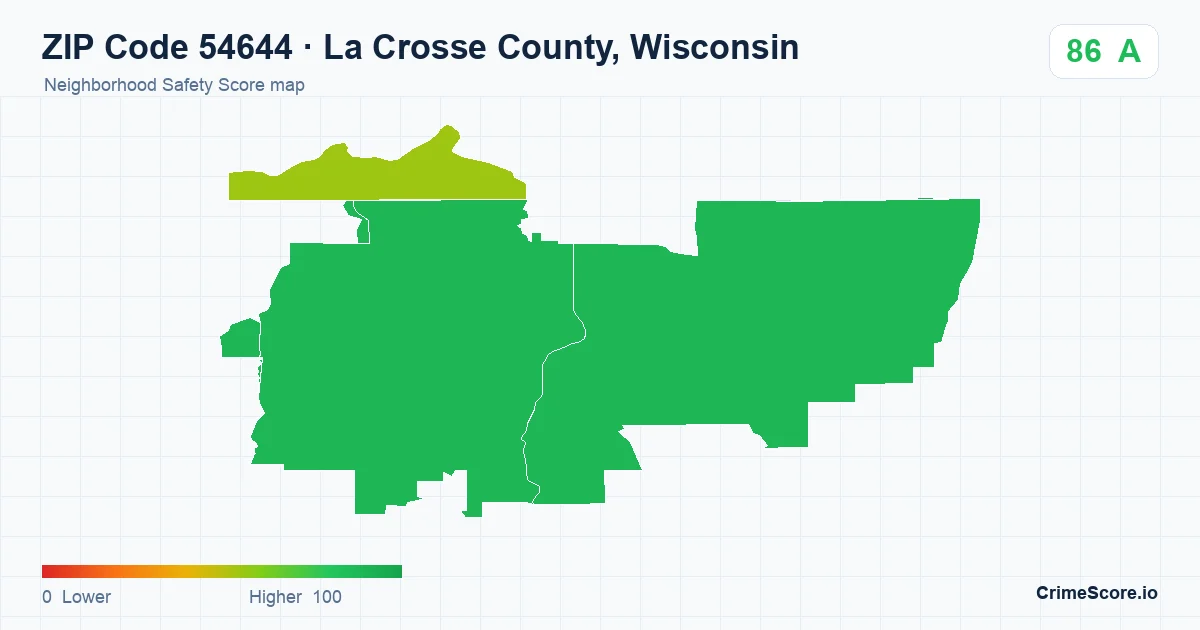 ZIP Code 54644 in La Crosse County, Wisconsin neighborhood Safety Score map