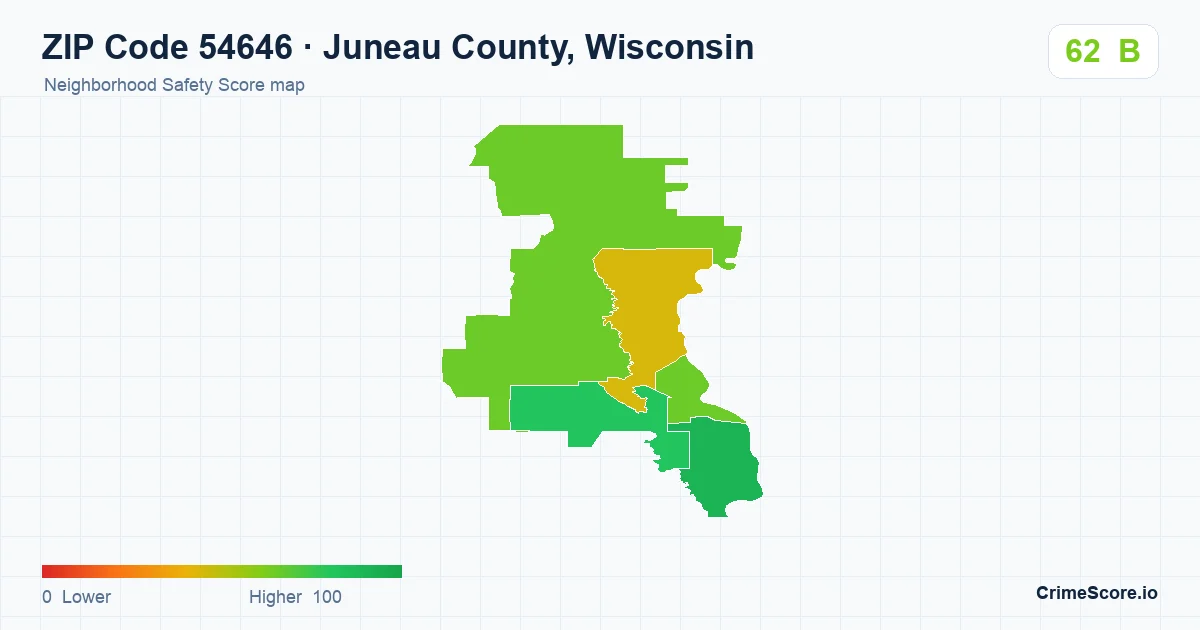 ZIP Code 54646 in Juneau County, Wisconsin neighborhood Safety Score map
