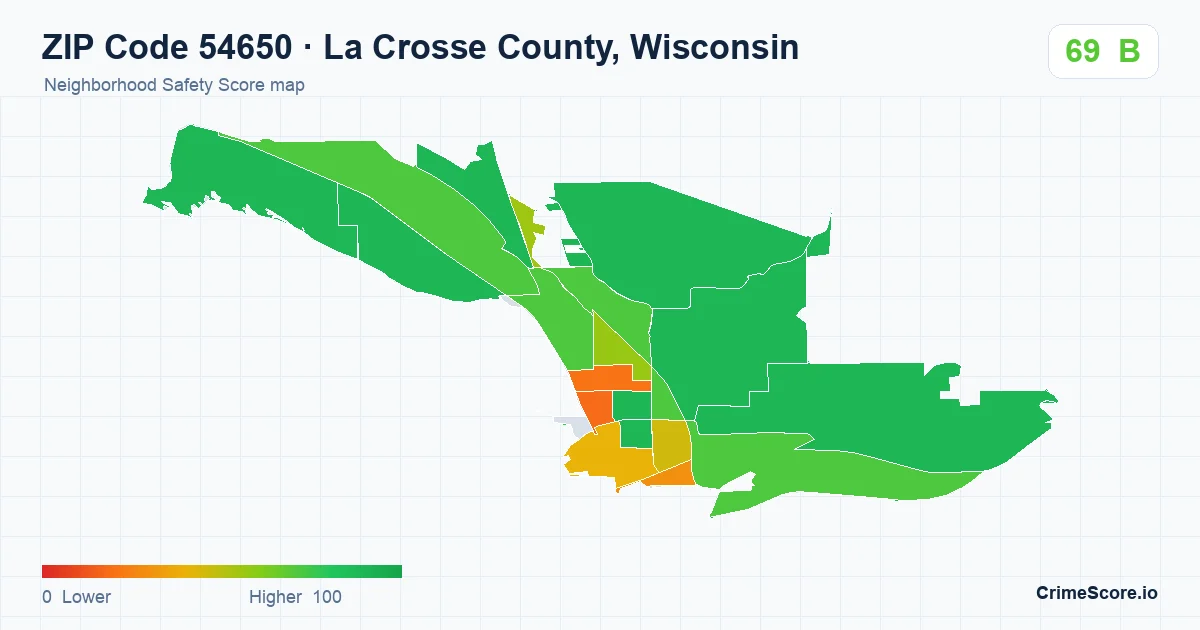 ZIP Code 54650 in La Crosse County, Wisconsin neighborhood Safety Score map