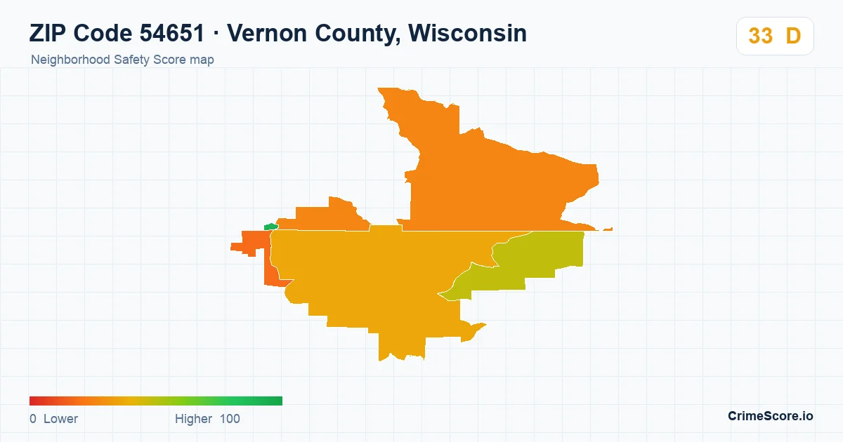 ZIP Code 54651 in Vernon County, Wisconsin neighborhood Safety Score map