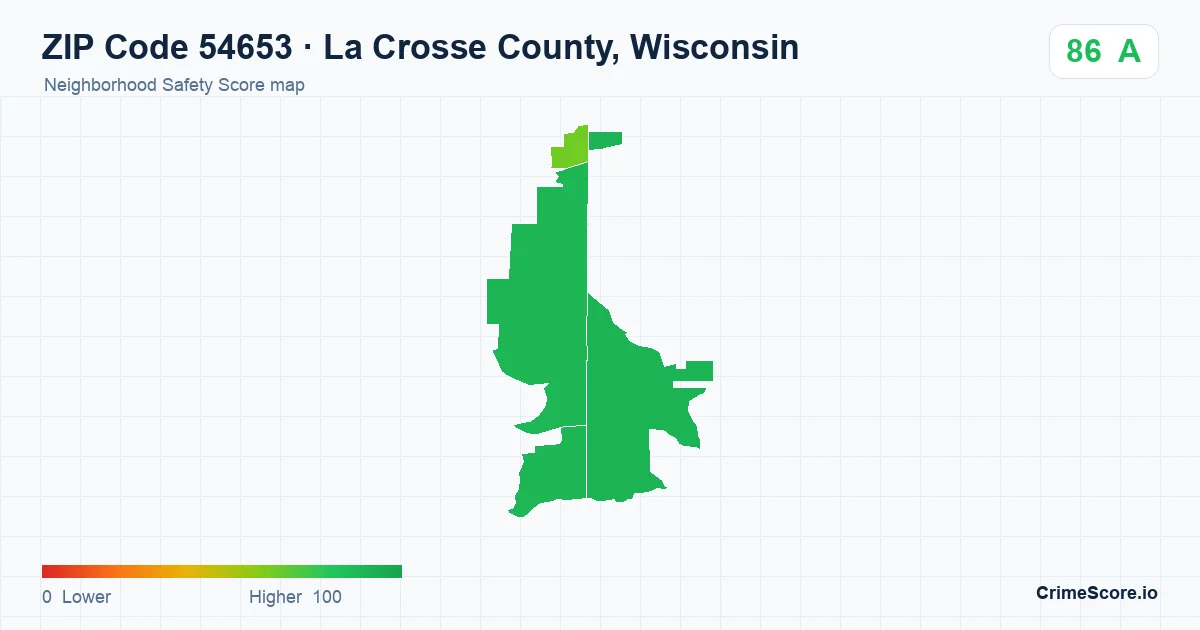 ZIP Code 54653 in La Crosse County, Wisconsin neighborhood Safety Score map