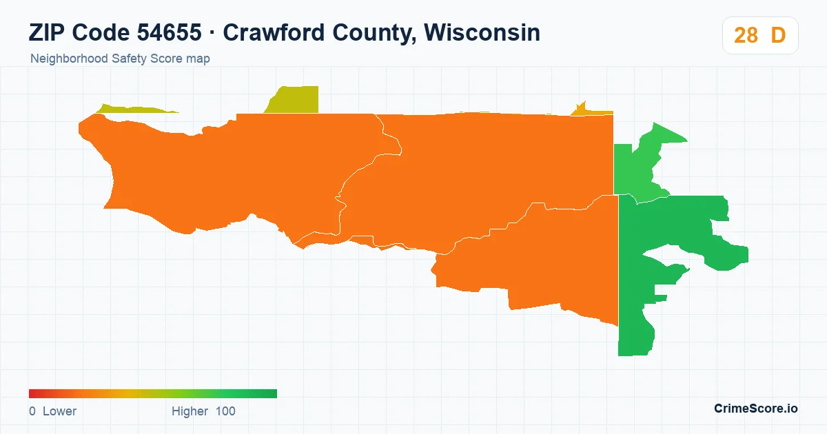 ZIP Code 54655 in Crawford County, Wisconsin neighborhood Safety Score map