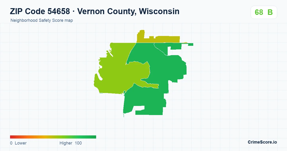 ZIP Code 54658 in Vernon County, Wisconsin neighborhood Safety Score map