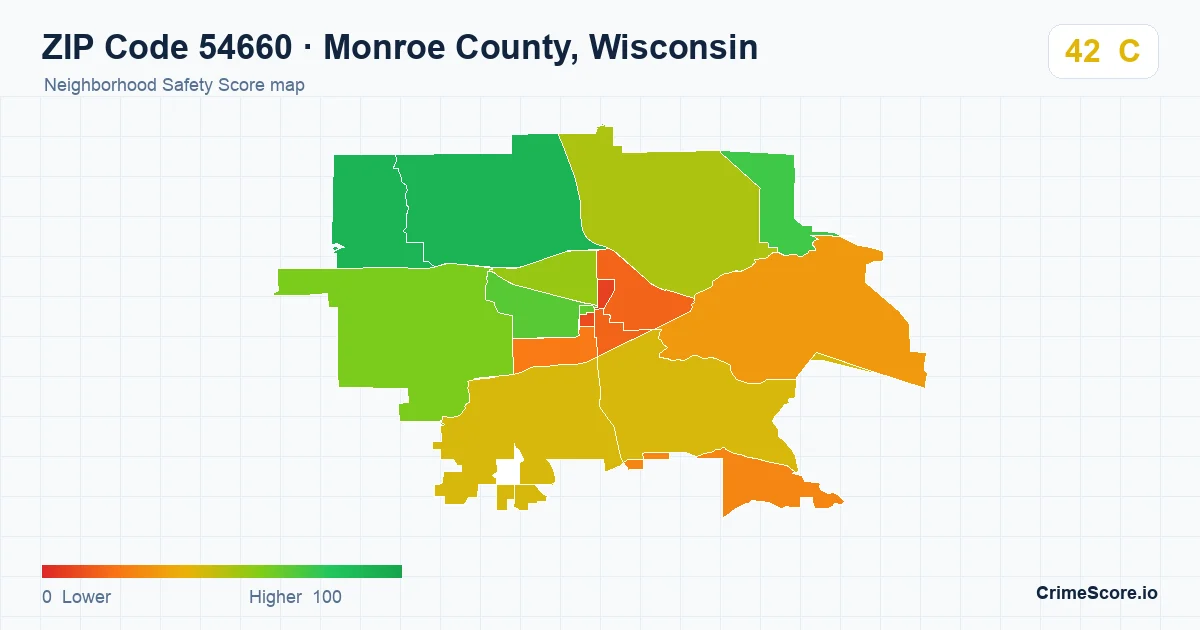 ZIP Code 54660 in Monroe County, Wisconsin neighborhood Safety Score map